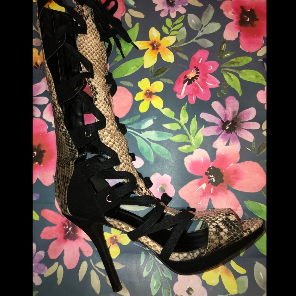 High heel sandals knee highs, snake print